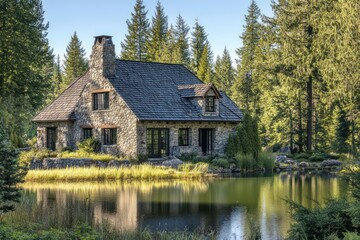 Obraz premium A rustic stone cottage with a shingle roof, surrounded by a serene lake and tall evergreen trees