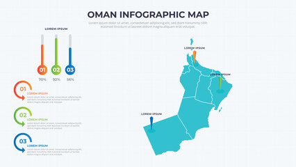 Obraz premium Infographic Map of Oman. Oman country map infographic colored vector template with regions and pointer marks.