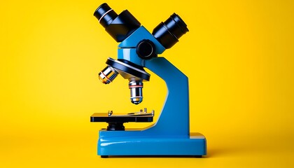 Stylish Blue Microscope with Glossy Finish and Minimalist Design A glossy, modern blue microscope displayed on a bright yellow background.