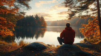 Man fishing at a tranquil lake enjoying solitude during golden hour light