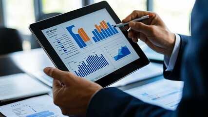 Close-up of business professional analyzing financial data on a digital tablet device - Powered by Adobe