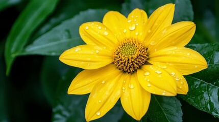 Vibrant Yellow Flower with Water Droplets Close Up
