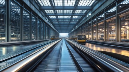 Modern Seamless Supply Chain Operation Featuring Conveyor Belts Transporting Products in a Large Industrial Warehouse Environment Under Bright Natural Lighting