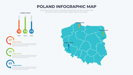 Obraz premium Infographic Map of Poland. Poland country map infographic colored vector template with regions and pointer marks.