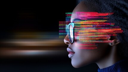 Futuristic Woman with Glasses Surrounded by Colorful Code Stream
