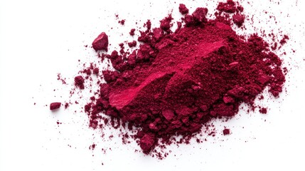 Crushed deep red pigment powder scattered on white background.