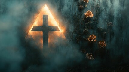 Illuminated cross roses somber mood mysterious backdrop