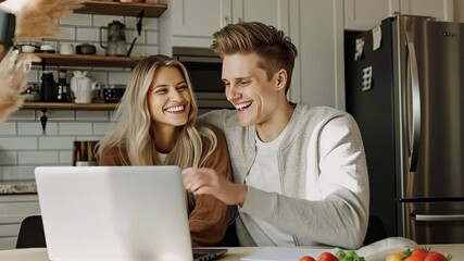A man and woman share a joyful moment while collaborating on a laptop in their bright, modern kitchen filled with fresh produce