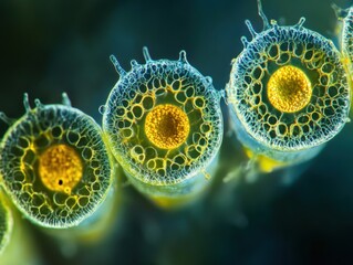 Microscopic marvel of volvox algae colonies showcasing intricate cellular structures and vibrant yellow spheres in a captivating close up