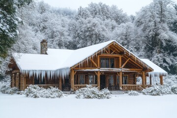 A rustic wooden lodge with wide eaves, heavy icicles, and a surrounding forest blanketed in thick snow