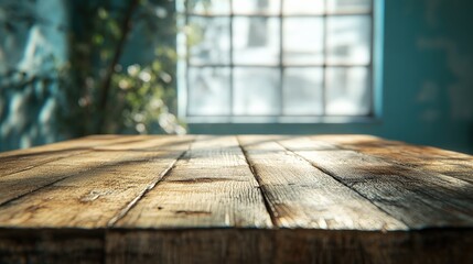 Close-up of aged wooden table with natural light from large windows, depth and texture, space for product display
