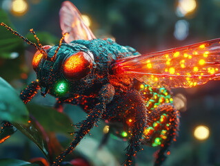 Biomechanical insect robot with organic components in futuristic cyber-biology lab setting