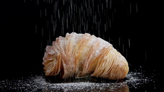 A 360-degree rotating view of croissant-like Sfogliatine alla Crema Pugliesi, showcasing delicate layers filled with creamy filling, set against a black background. Perfect for food lovers and photogr