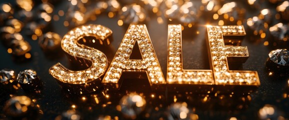 enticing golden sale text shimmering with jewels for luxury promotions and exclusive retail events
