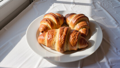 A plate of golden croissants bathed in natural sunlight, placed on a white tablecloth near a bright window