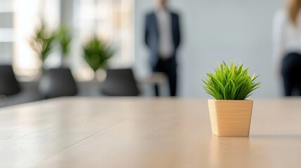 Small plant on a table with a blurred background illustrating a business concept and financial planning