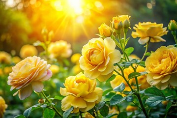 Panoramic View of Blooming Yellow Roses bathed in Sunlight in a Lush Garden