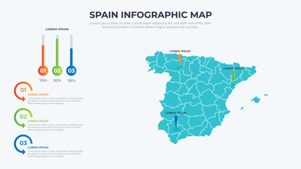 Infographic Map of Spain. Spain country map infographic colored vector template with regions and pointer marks.