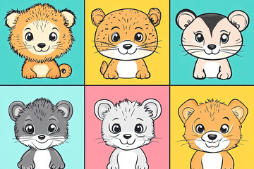Fototapeta premium Cute Cartoon Baby Animals Grid