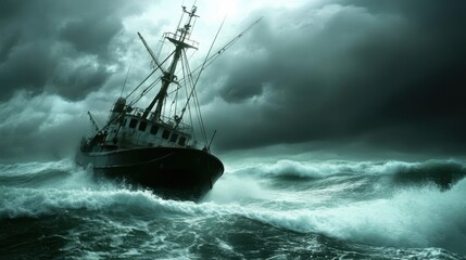 Obraz premium Stormy Sea with Struggling Fishing Vessel Amid Dark Gray Clouds