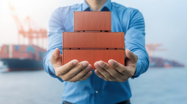 Man holding stack of red containers with business concept related to export credit agencies