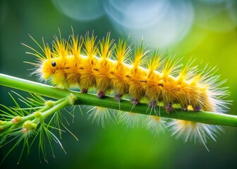 Panoramic View of Fuzzy Yellow Bear Caterpillar Climbing Green Plant Stem