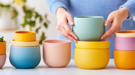 Woman arranging colorful empty flower pots on white table