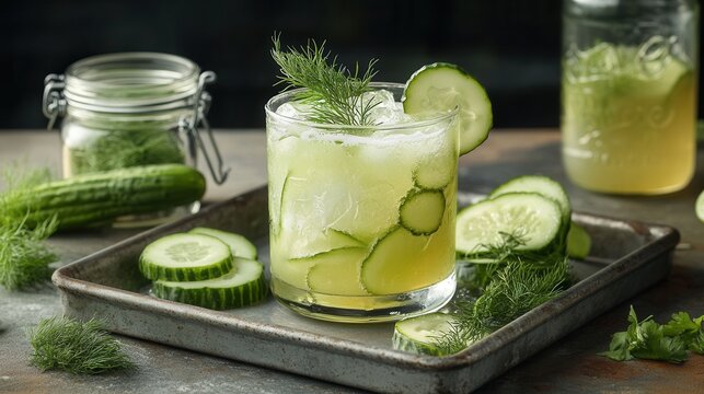 Refreshing cucumber cocktail with ice and dill garnish on rustic tray.