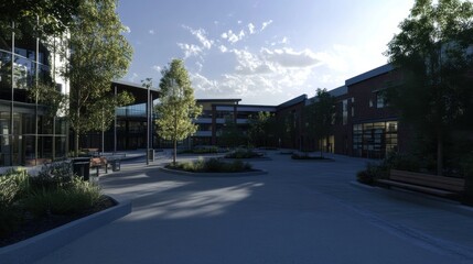Panoramic View of a Logistics Park Featuring Multiple Interconnected Warehouses Under a Bright Sky with Lush Greenery and Open Space for Business Development and Operations