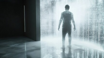 Obraz premium Man gazing data stream, futuristic room