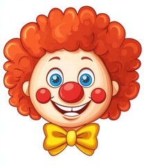 cute clown face cartoon character with red hair, blue eyes, and a yellow bow tie on a white background, simple flat design for children's illustrations
