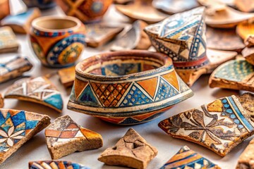 Fototapeta premium Panoramic View of Reassembled Ancient Pottery Fragments