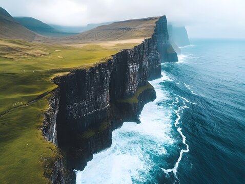 Dramatic cliff formations meeting the ocean on a foggy day in a remote landscape