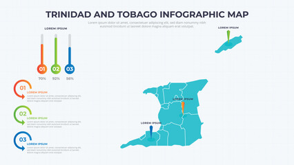 Infographic Map of Trinidad and Tobago. Trinidad and Tobago country map infographic colored vector template with regions and pointer marks.