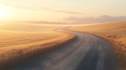 Fototapeta premium Sunrise road curves through misty field