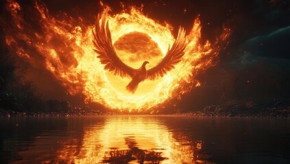 fiery bird soars against burning sky reflecting on the water surface creating magical spectacle