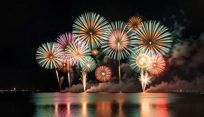 Vibrant fireworks display over calm seaside waters at night, celebration