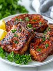 Appetizing Grilled Pork Chops with Fresh Parsley and Lemon Wedges on a White Plate ready to serve