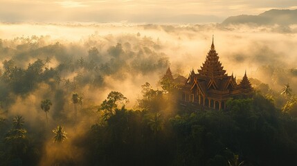 Golden temple sunrise, misty forest.