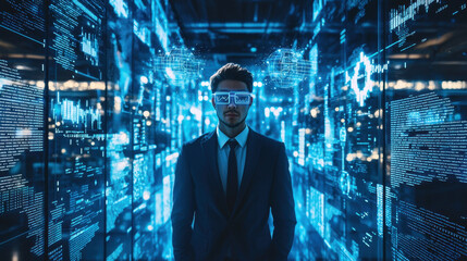 Fototapeta premium Financial expert utilizes AI analytics with holograms to analyze stock and cryptocurrency trends