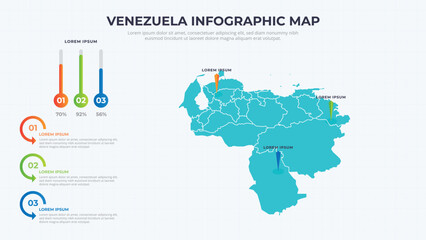 Fototapeta premium Infographic Map of Venezuela. Venezuela country map infographic colored vector template with regions and pointer marks.