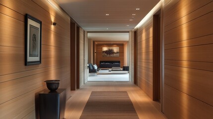 Elegant Wooden Hallway Leading to Modern Living Room