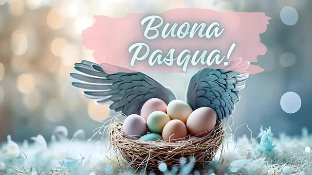 Buona Pasqua animated text, Italian happy easter greeting card with angel wings and basket