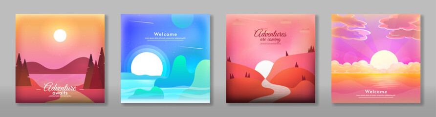 Set of banners, flat style landscape. Vector illustration. Sunset and sunshine landscape. Design for banner, postcard, banner, cover. 