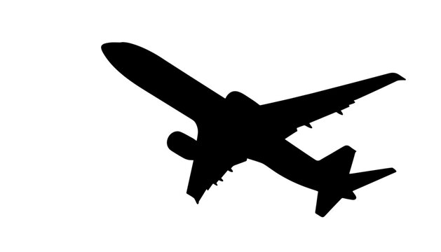 Airplane silhouette flying against a white background