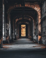 Obraz premium Dramatic view of a long abandoned factory hall with arches and window at the end casting light on the floor