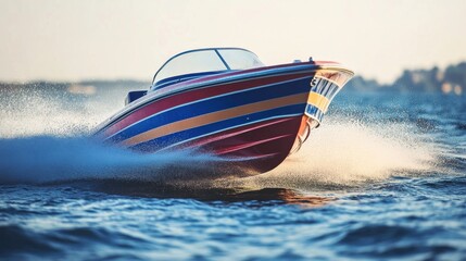 Fototapeta premium Vibrant Speedboat Skimming Across Waves in Early Morning Light