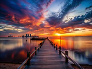 Obraz premium Peaceful Bayshore Sunset: Long Exposure Fishing Pier, New Jersey Waterfront