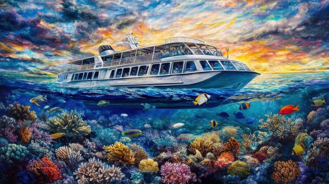 Vibrant Sunset Over Crystal Clear Ocean with Scenic Cruise Ship