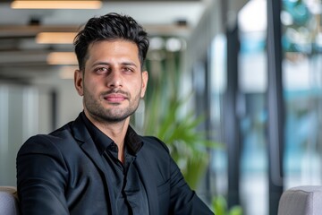 Obraz premium Professional man in black suit sitting confidently in modern office space with natural light and greenery